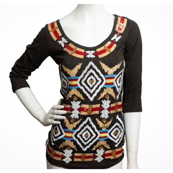 New Boston Proper Sequin 3/4 Sleeve Tunic Top Women’s Sz Large Native American - Picture 1 of 6